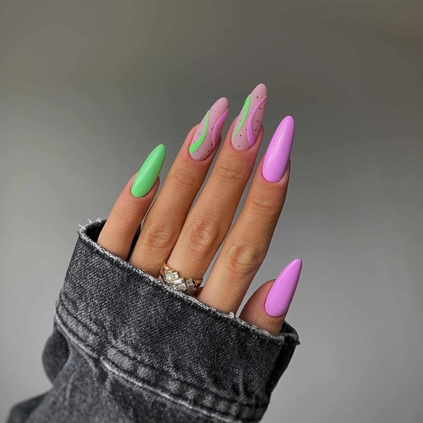 Long Pink and Green Matte Nails