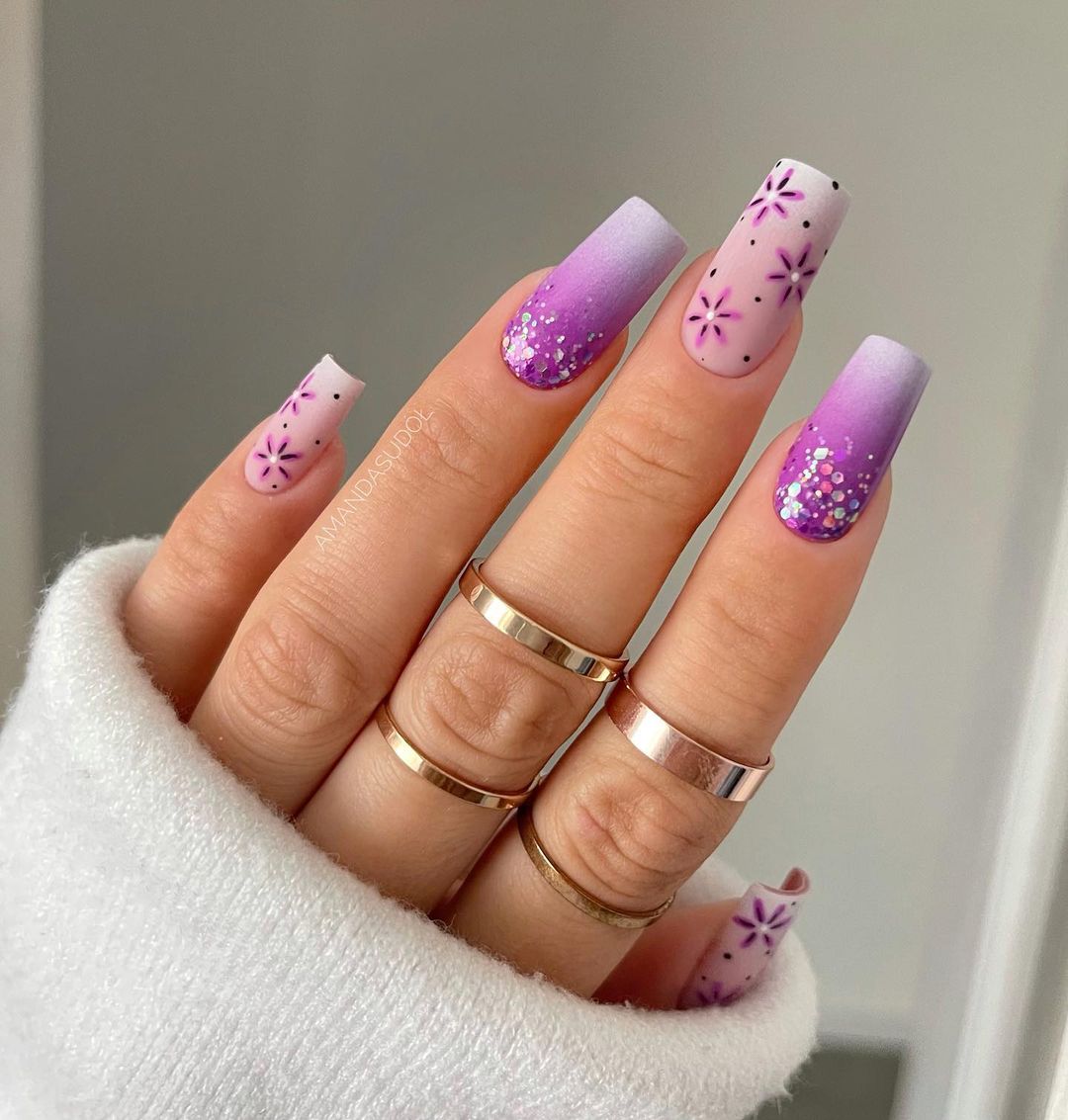 Long Square Gel Purple Ombre Nails