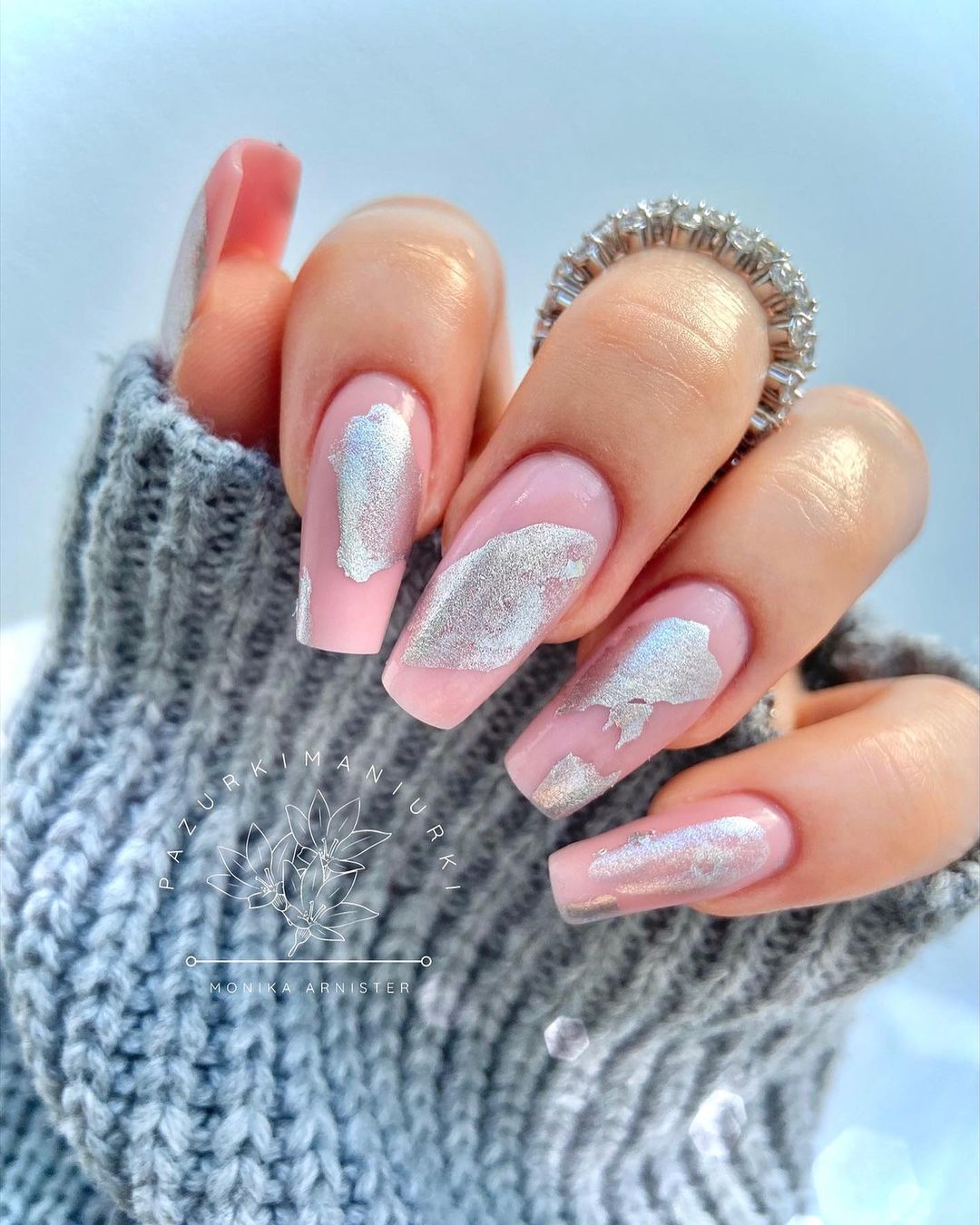 Long Square Pink and Silver Nails