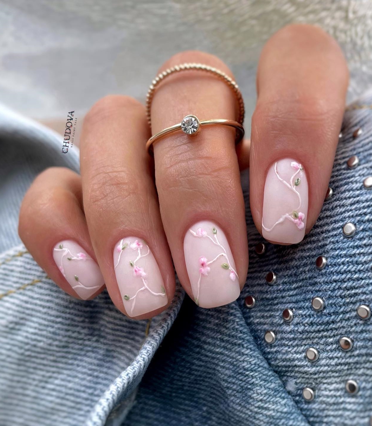 Short Pink Nails with Floral Design