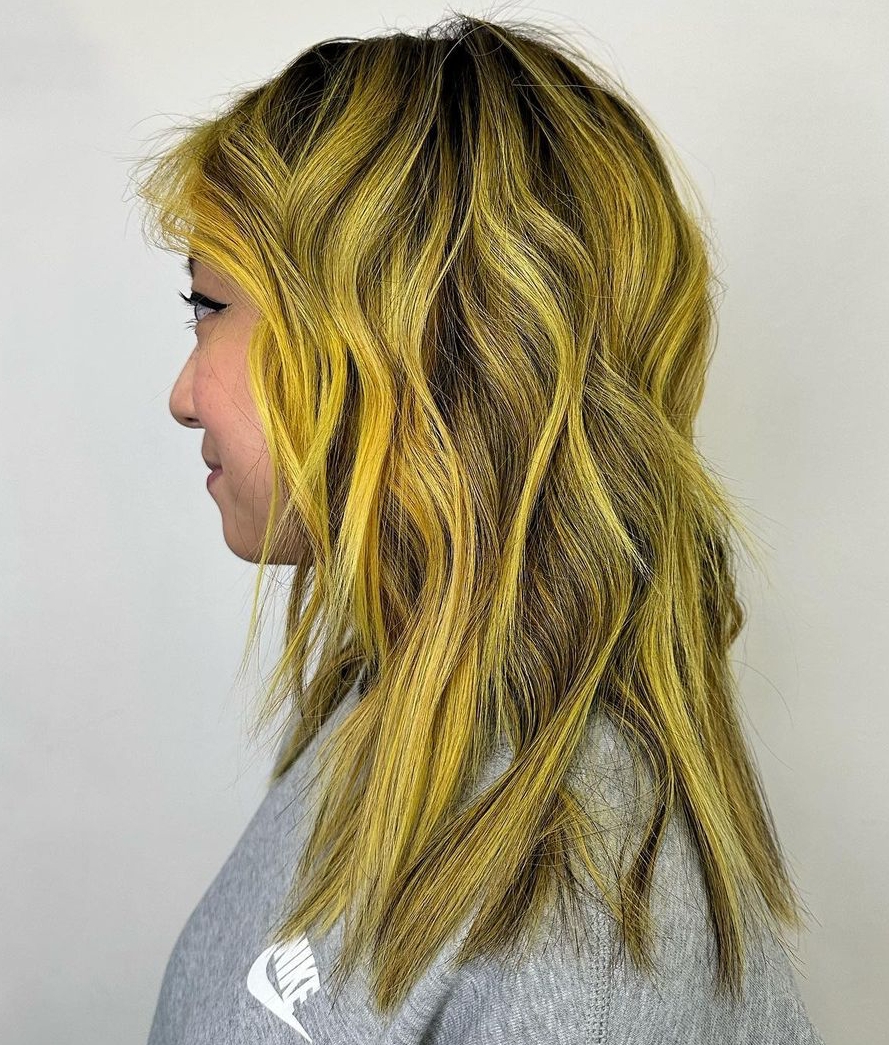 Shoulder Length Black Hair with Bright Yellow Highlights