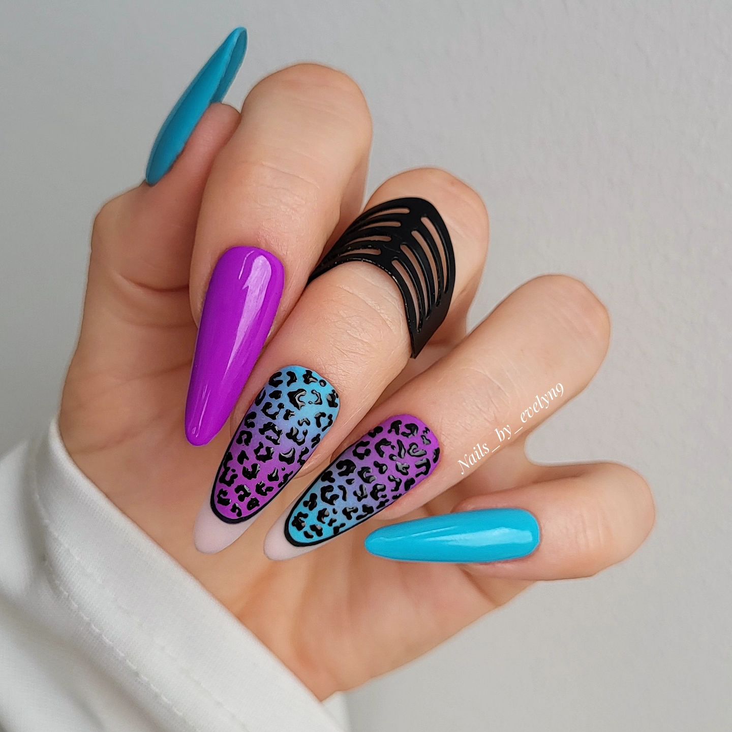 Blue and Purple Nails with Leopard Print