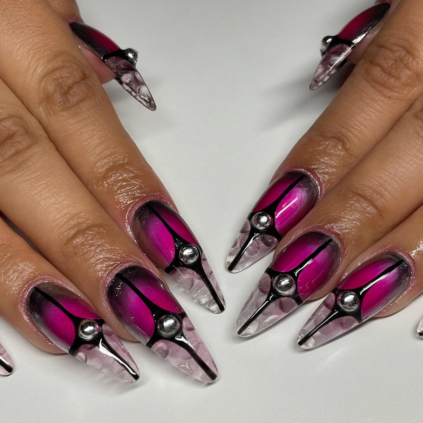 Clear Nails with Abstract Dark Pink Design