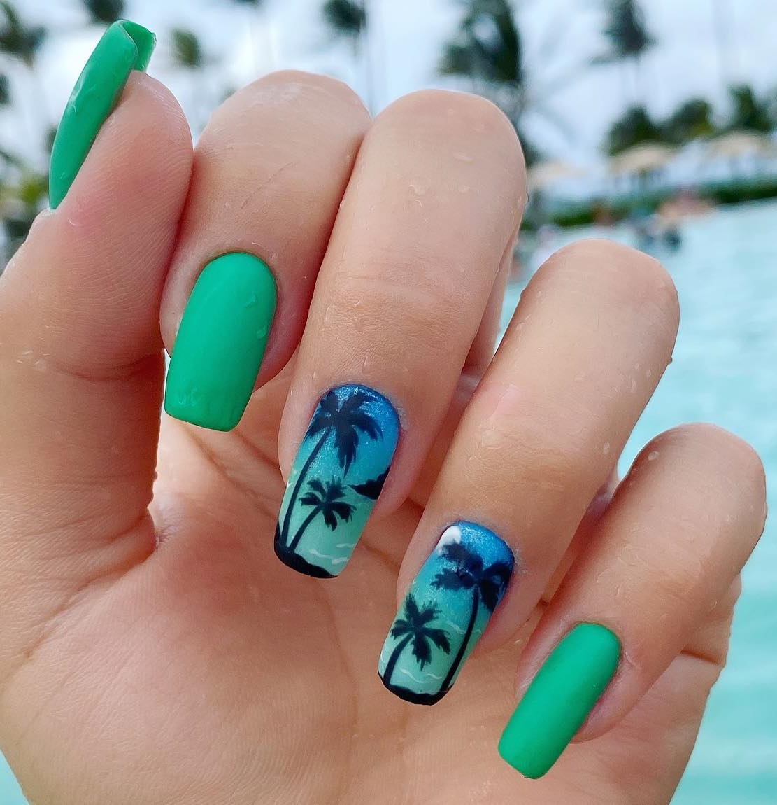 Green Nails with Palm Trees