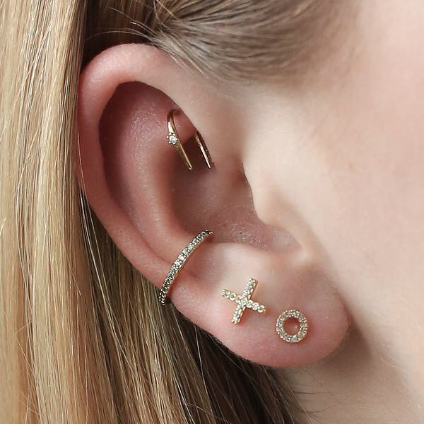 Hoop Ear Piercing with a Combination of Initial and Cross Earrings