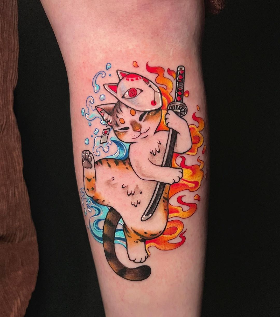 Japanese Cat with Mask and Sword on Arm