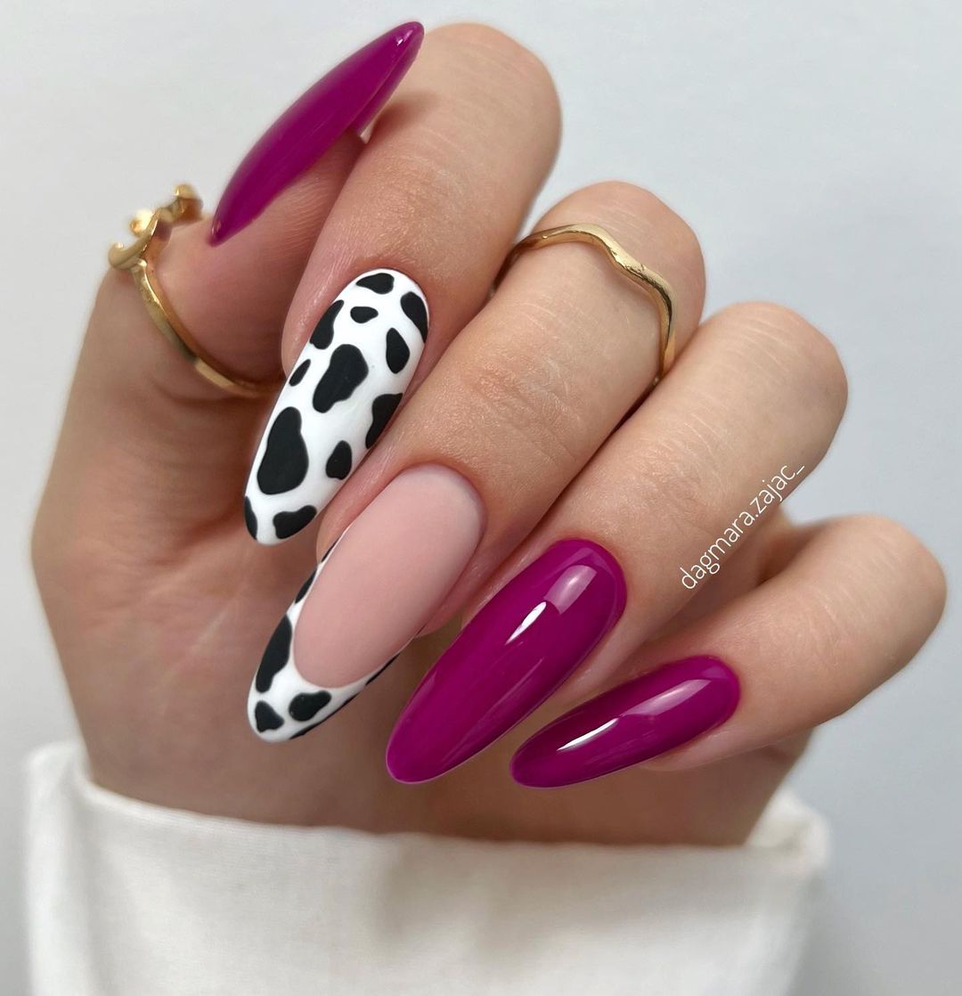 Long Almond Burgundy Nails with Cow Print Design