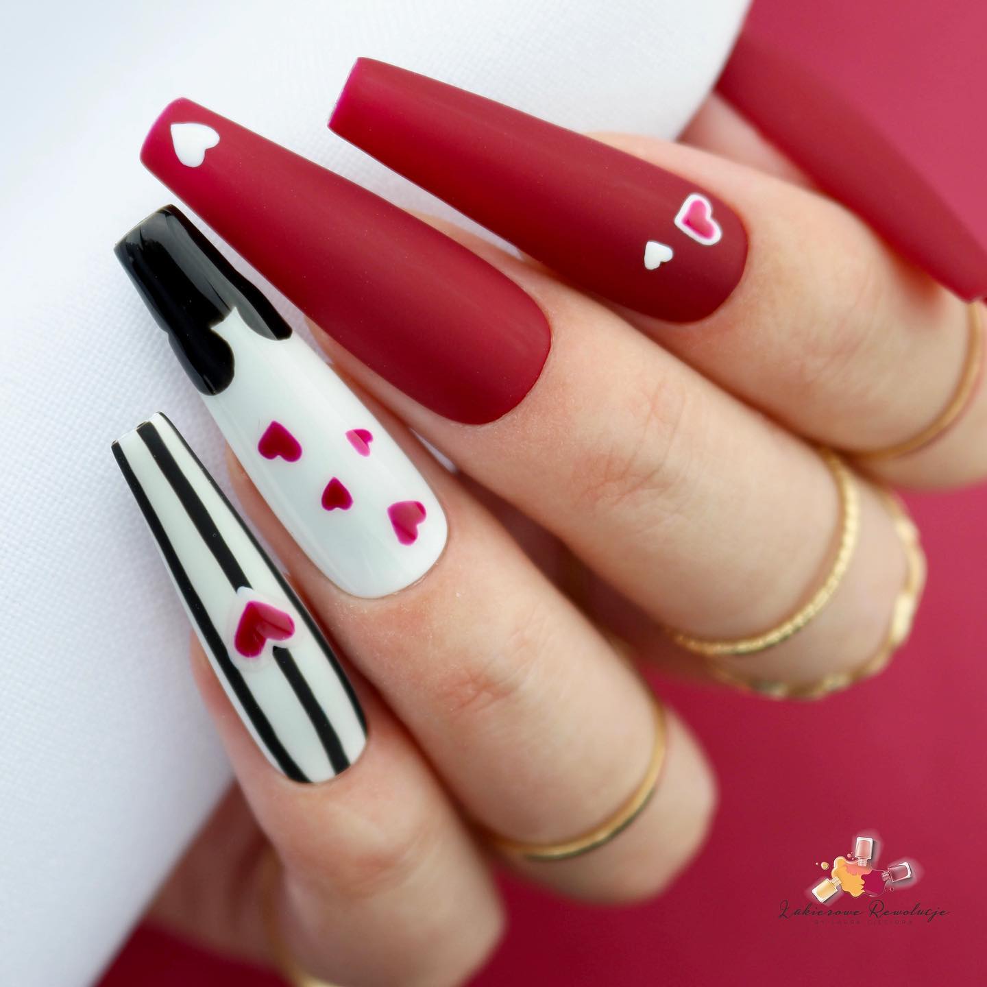 Long Light Matte Burgundy Nails with White Polish Design