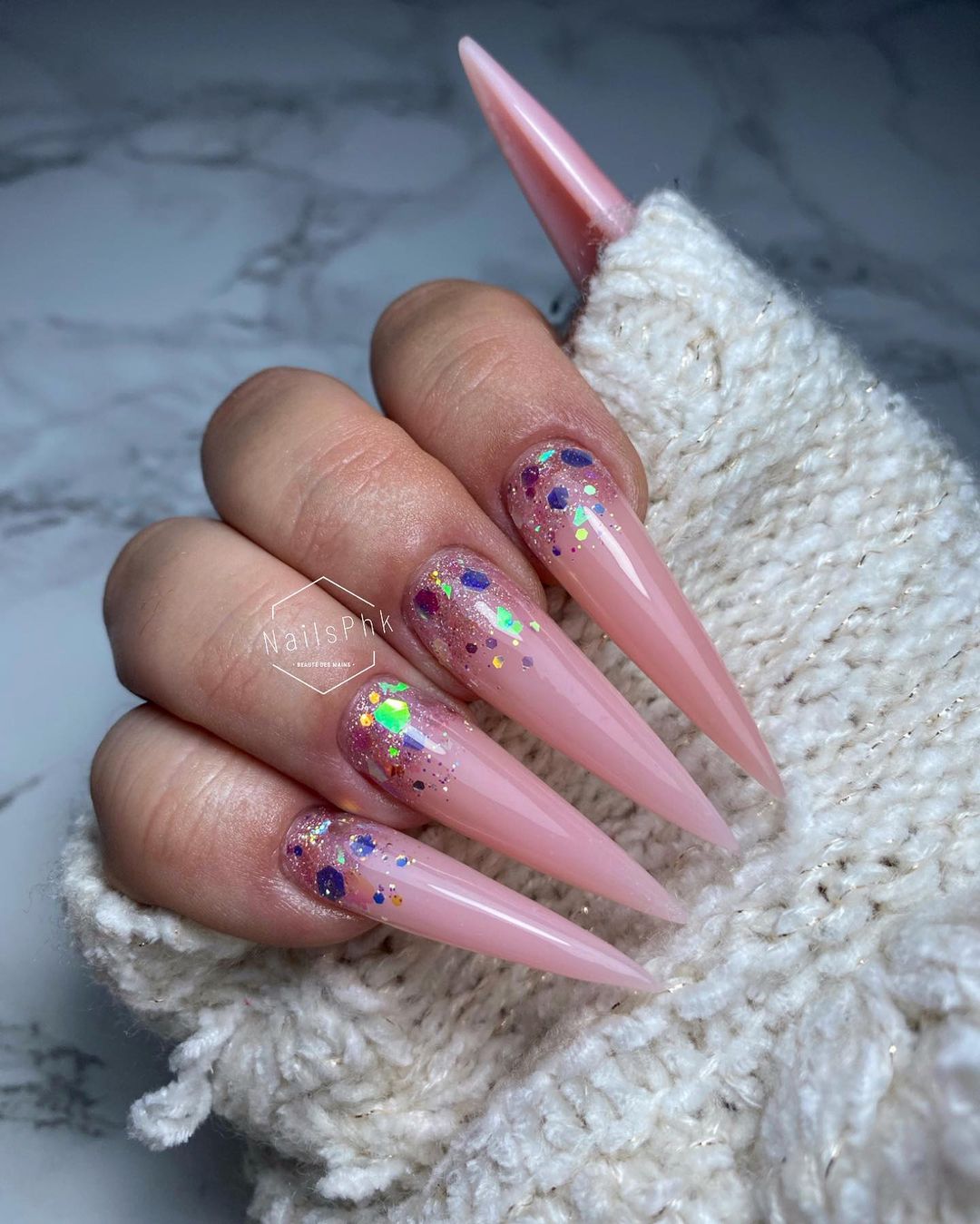 Long Nude Stiletto Nails with Glitter