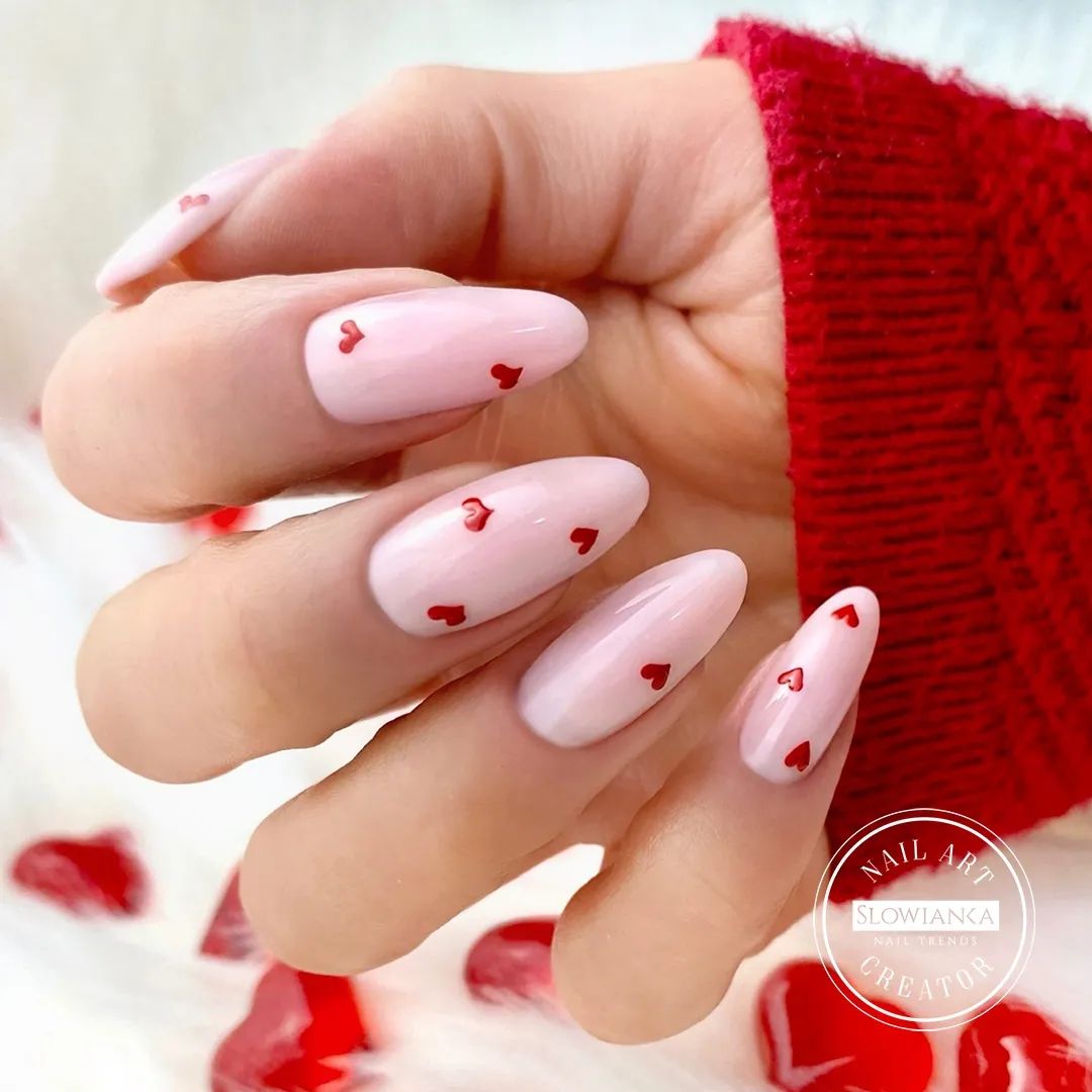 Long round Blush Pink Nails with Hearts