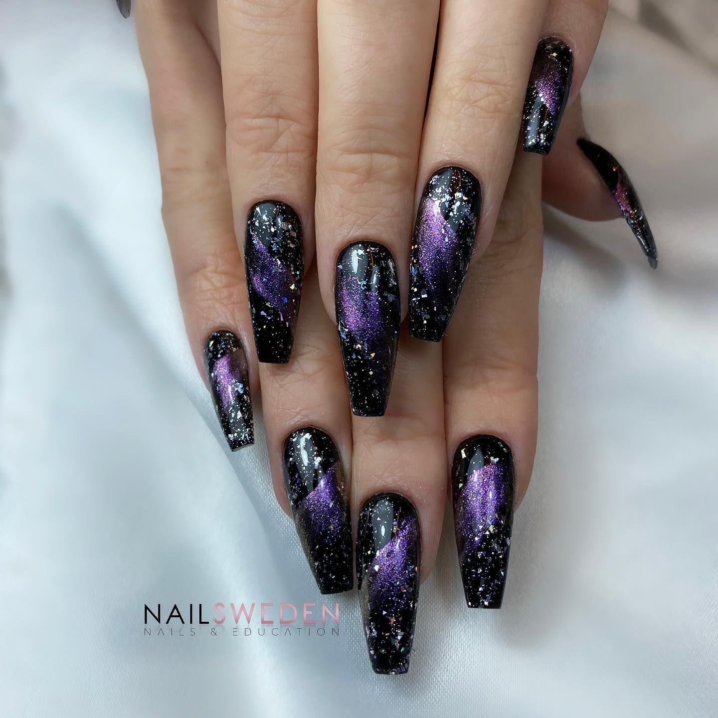 Long Square Black and Purple Galaxy Nails