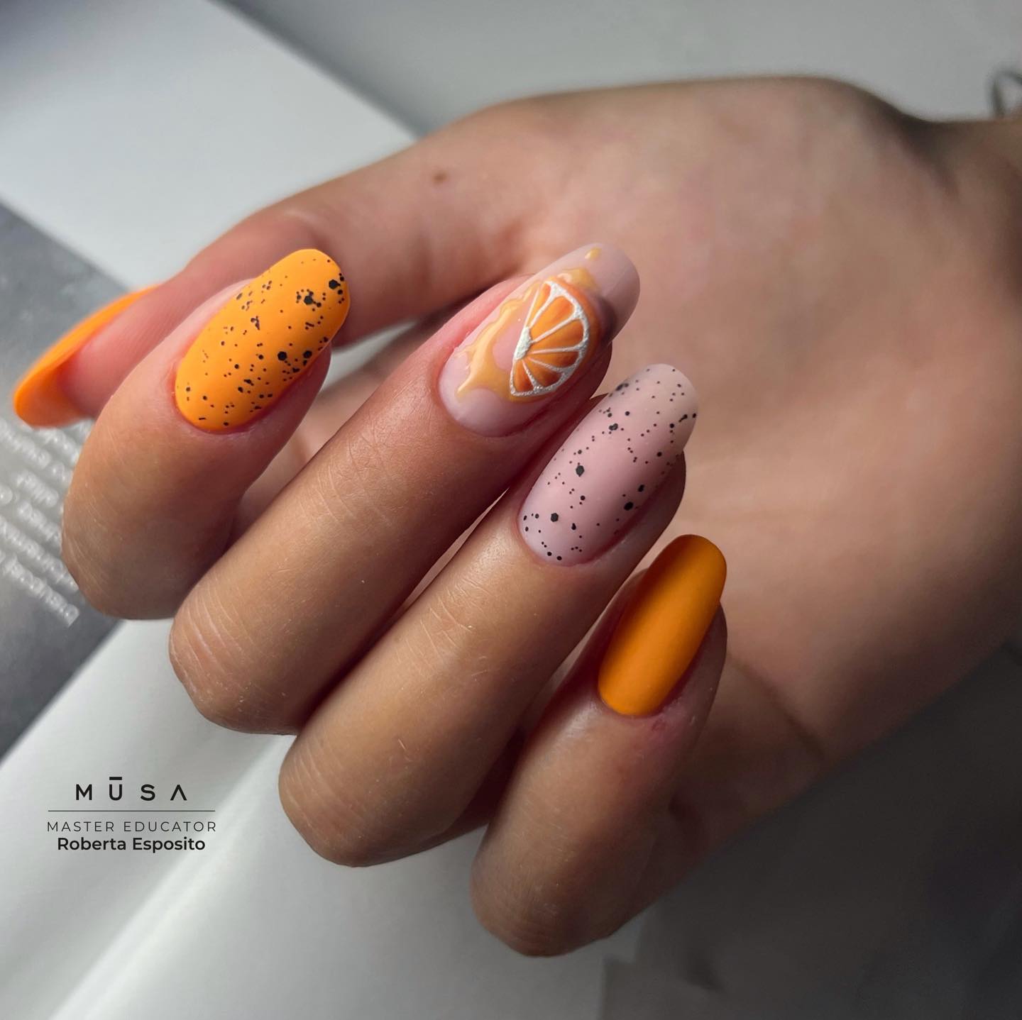 Matte Orange Nails with Citrus Design