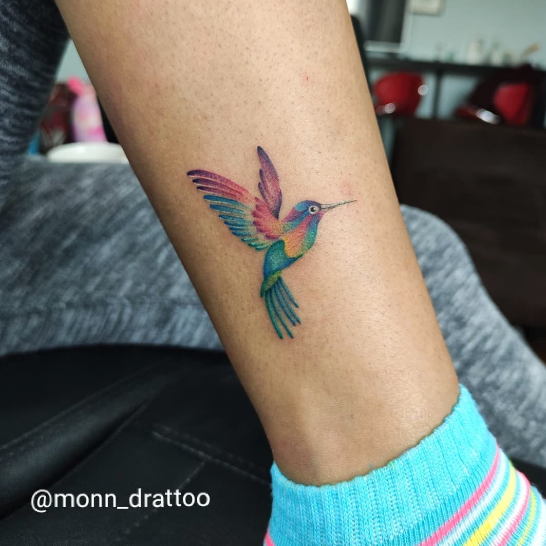 Colorful Minimalist Hummingbird Tattoo