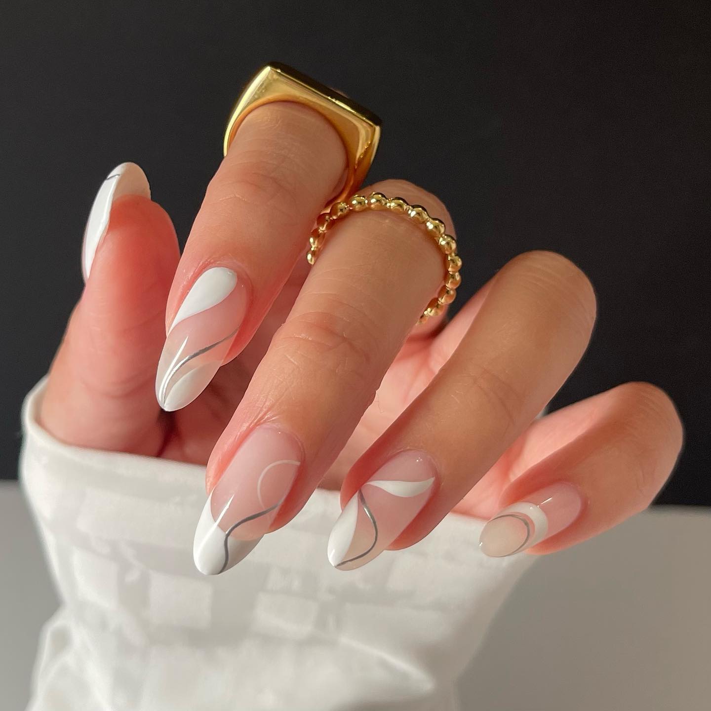 Natural Almond Nails with White and Silver Lines