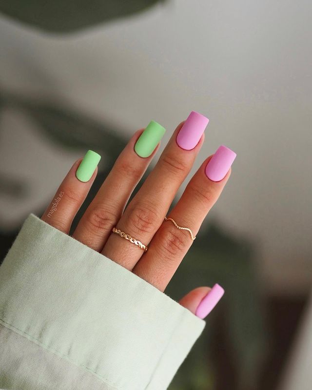 Square Green and Pink Manicure