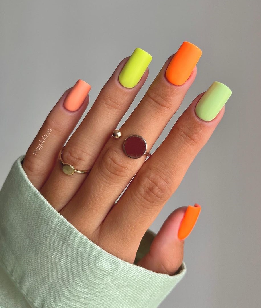 Square Orange and Yellow Neon Nails