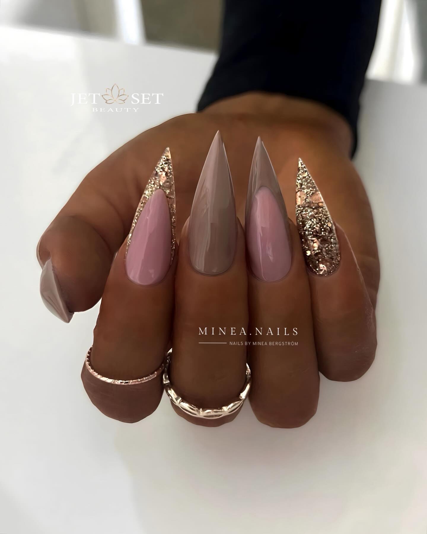 Stiletto Pink and Brown Nails with Glitter