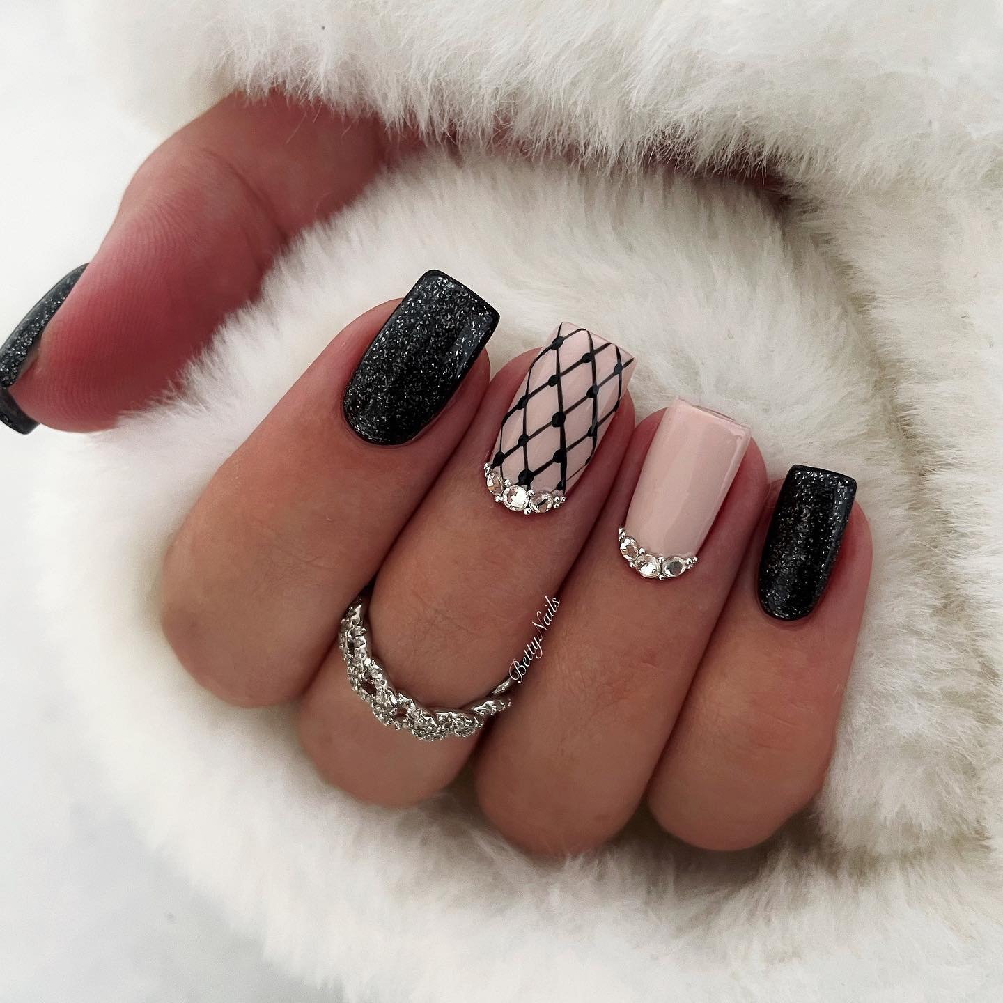 Black and Nude Nail Design with Rhinestones