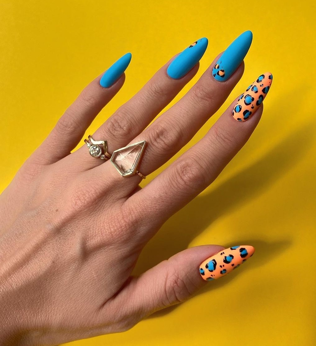 Blue Matte Almond Nails with Leopard Print