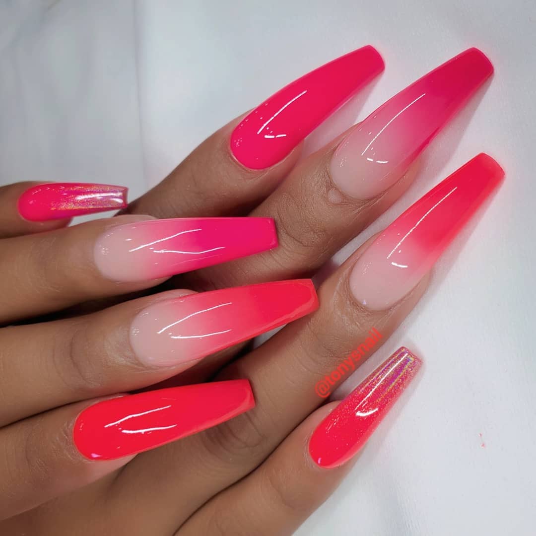 Long Coffin Ombre Pink Nails