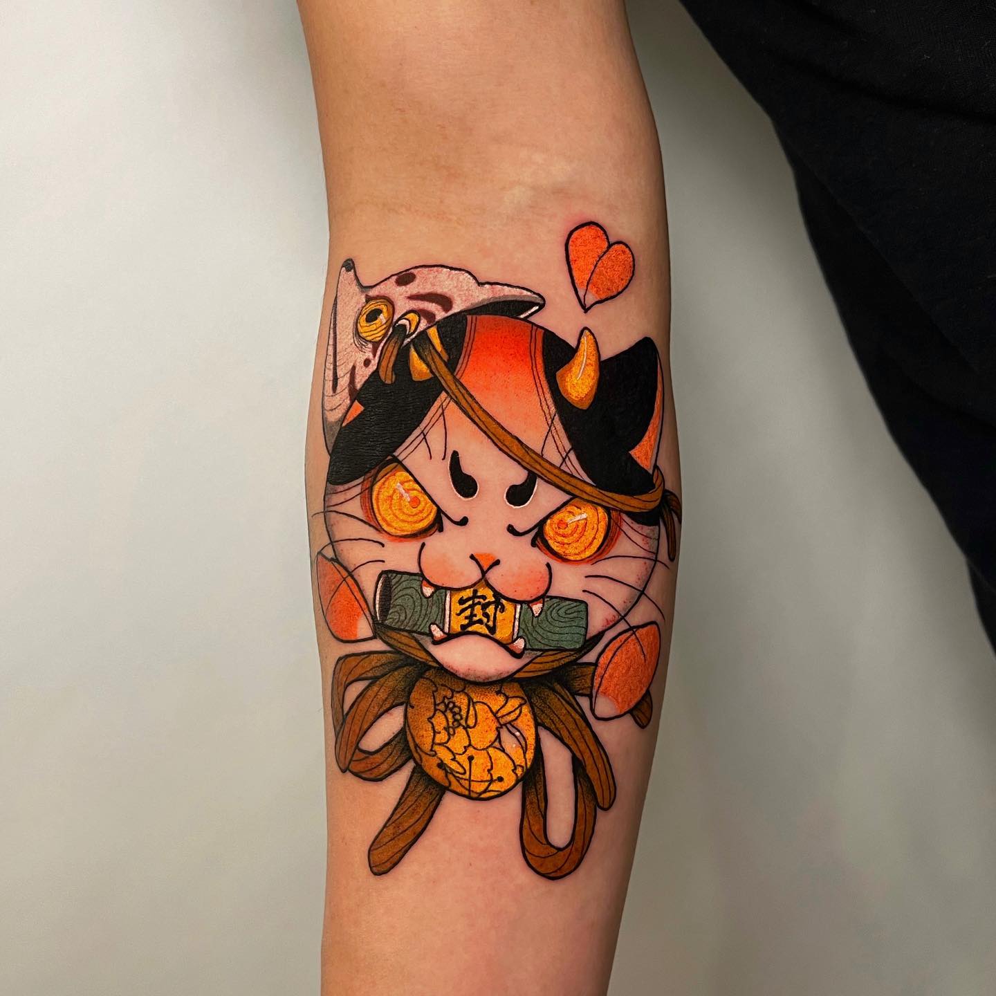 Colorful Japanese Mask Tattoo on Arm