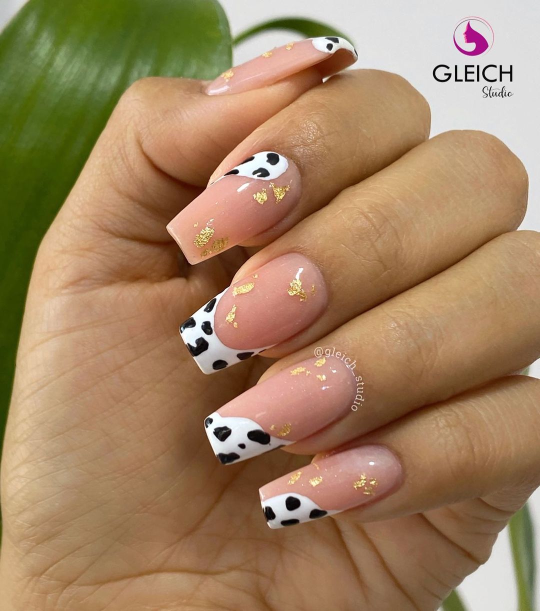 Cow Print on Nails Tips with Gold Foil