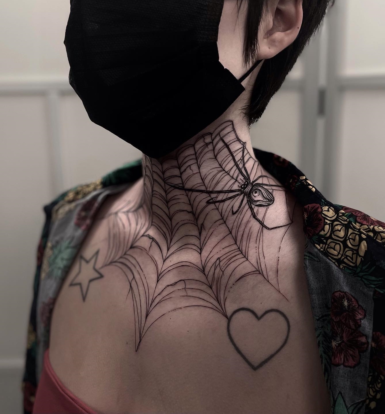 Full Neck Spider on Web Tattoo for Women
