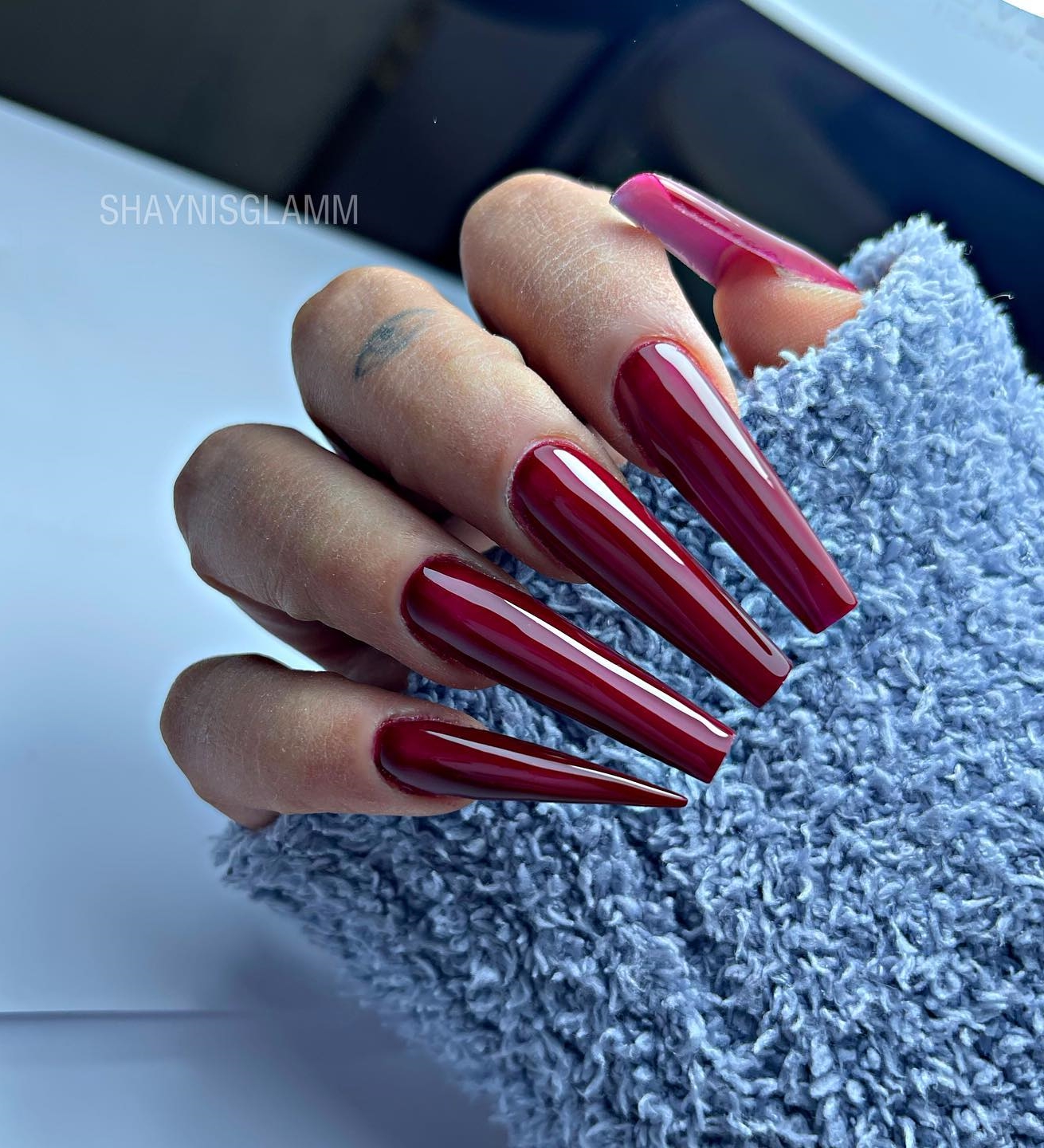Long Dark Red Stiletto and Coffin Nail Combination