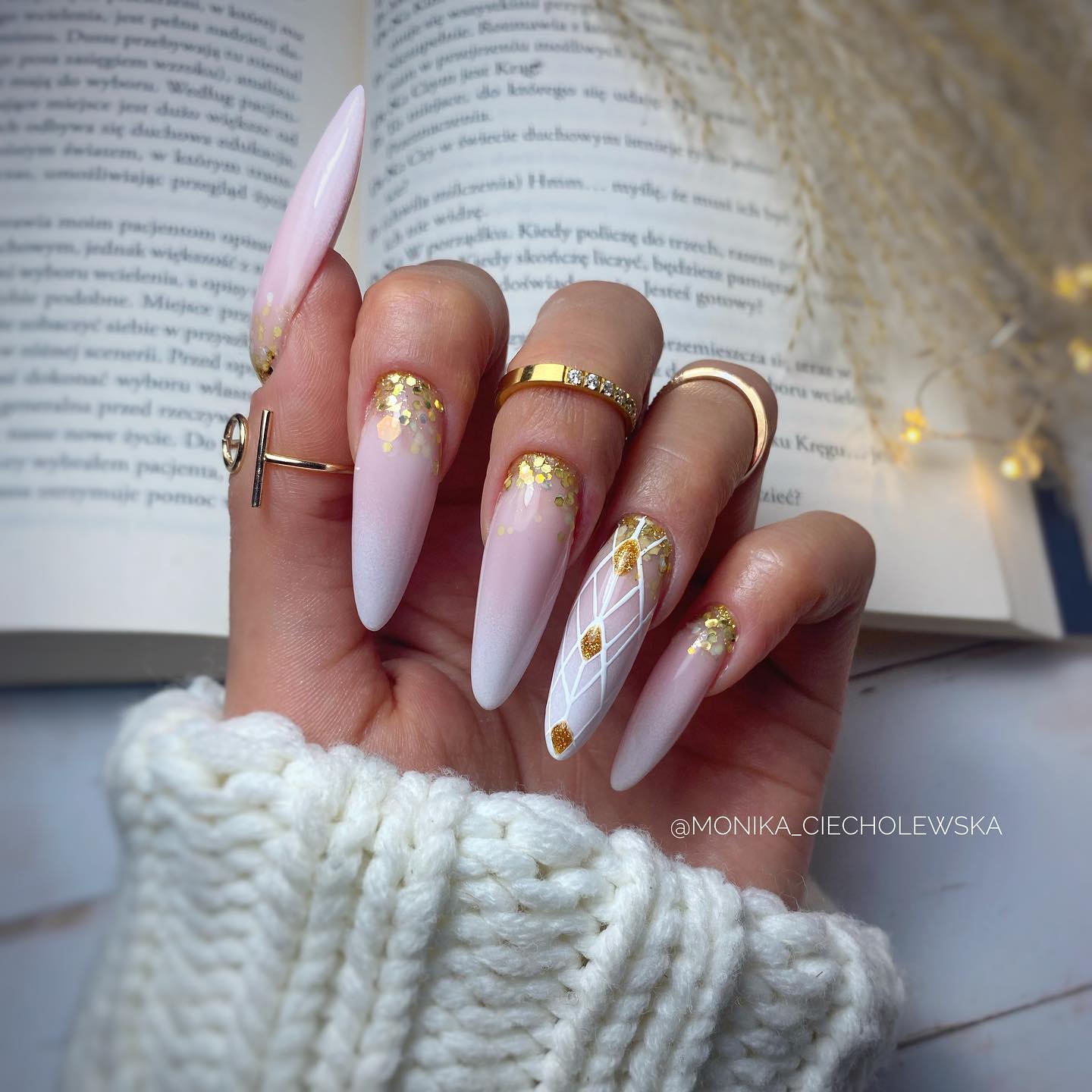 Long Ombre Nails with Geometric Design and Glitter