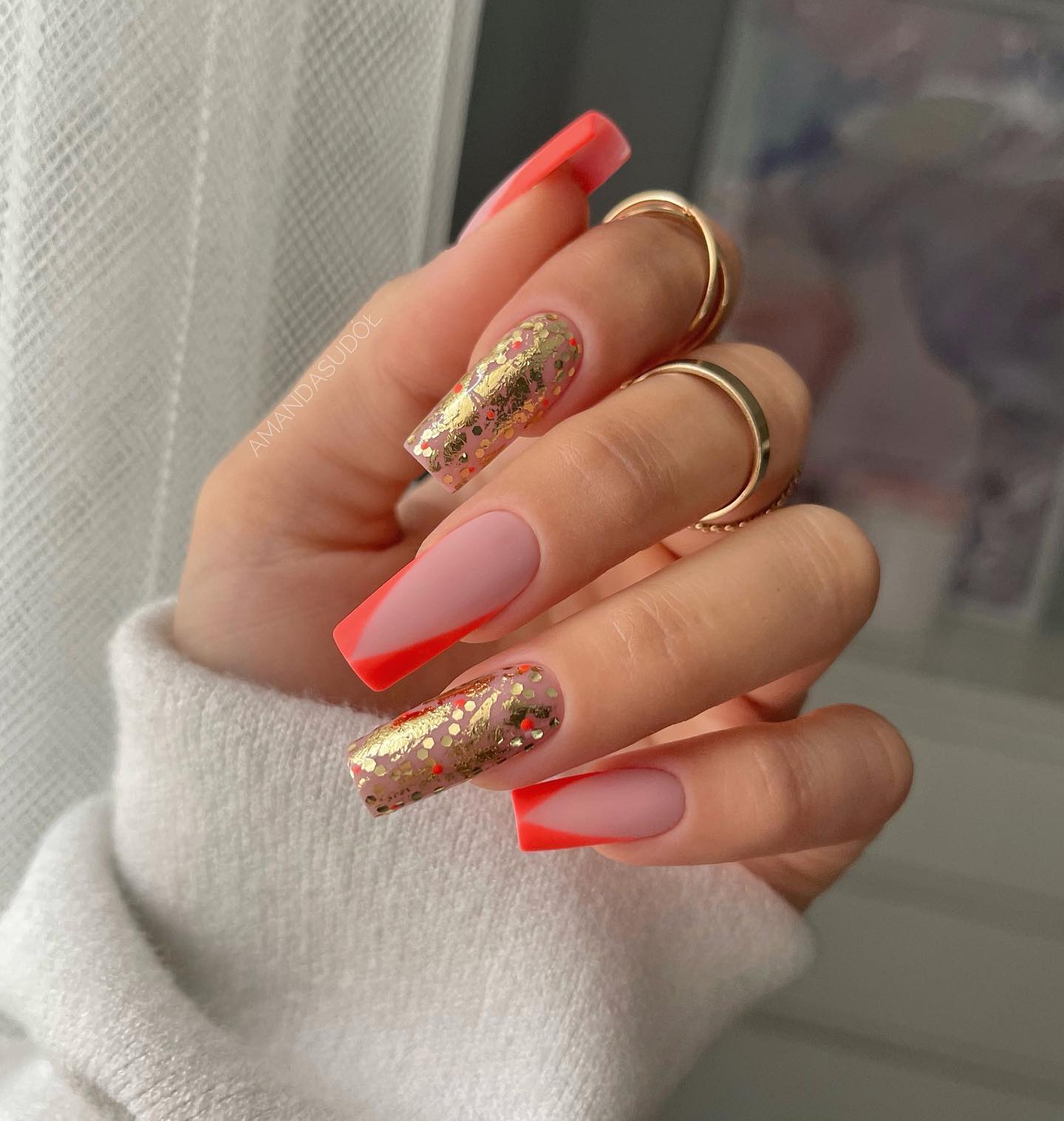 Long Square French Nails with Gold Foil