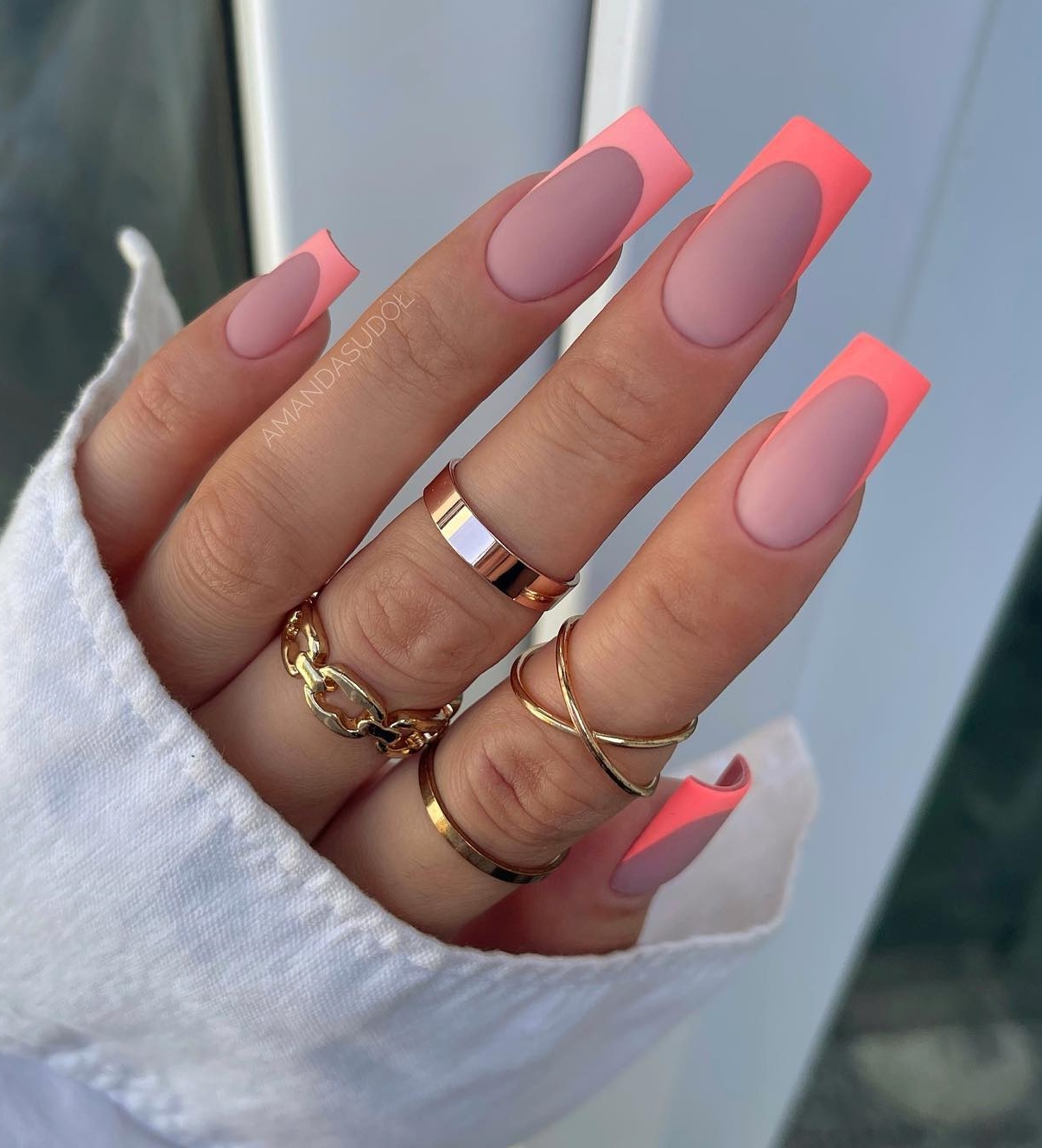 long Square Nails with Pink French Tips