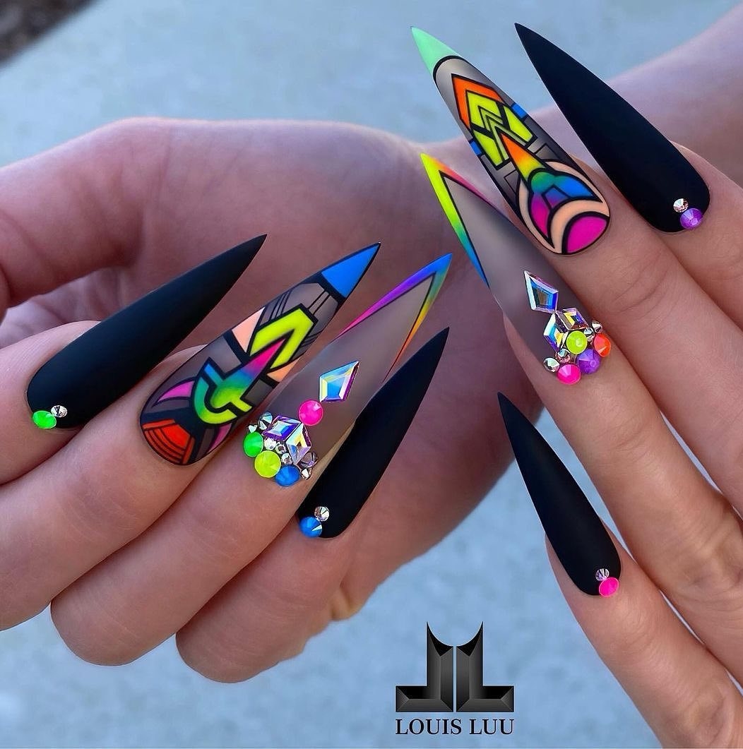 Long Stiletto Black Nails with Neon Design