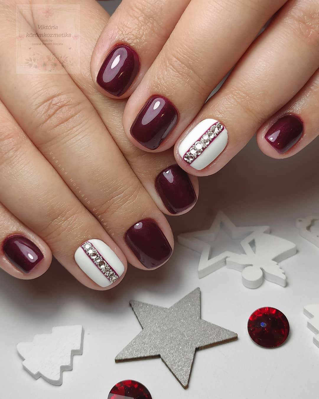 Short Glossy Burgundy Nails with Accent White Nails with Crystals