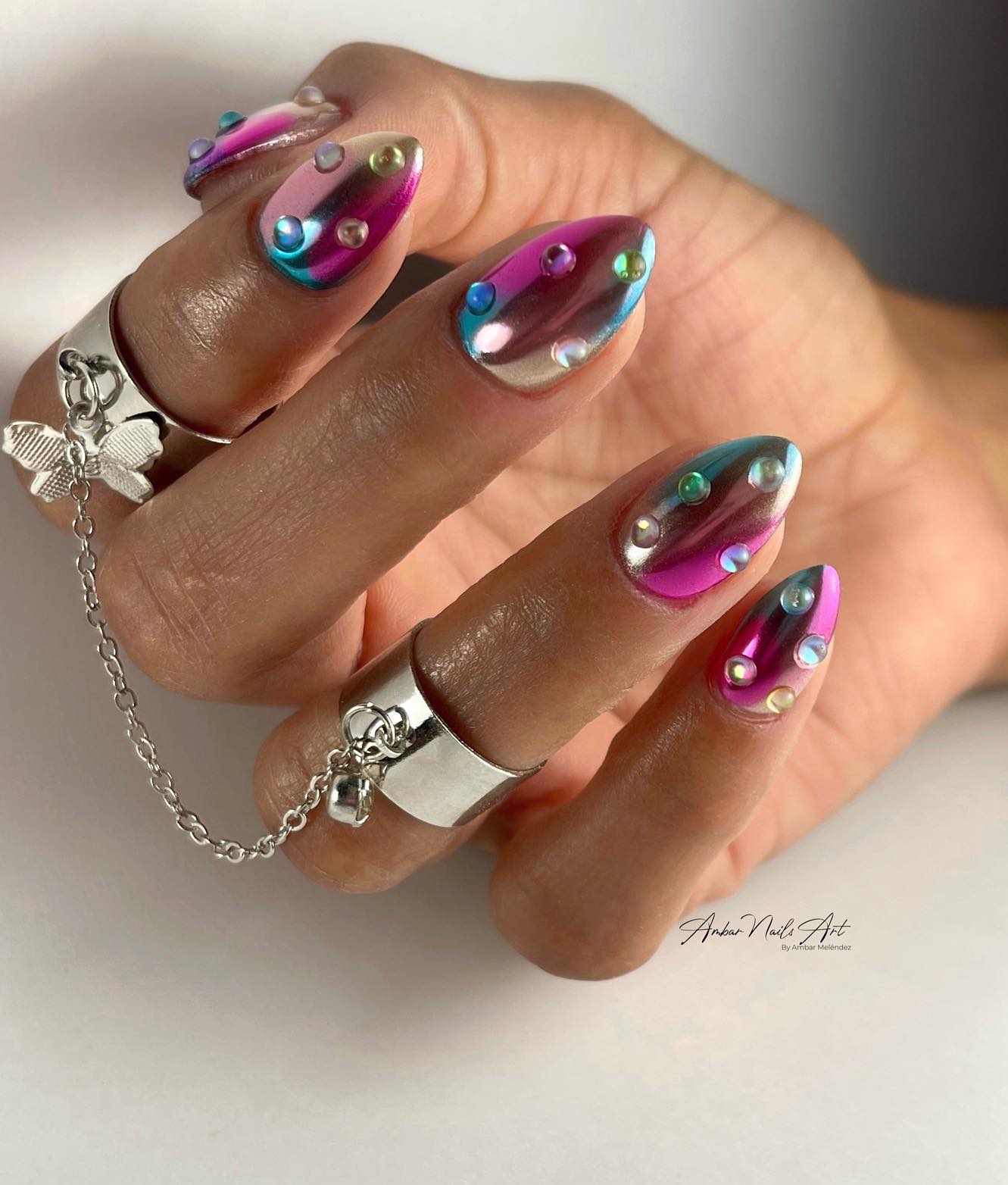 Short Stiletto Rainbow Chrome Nails