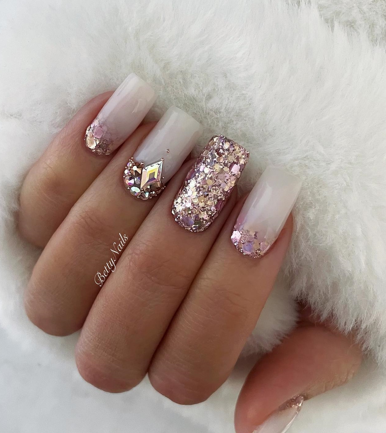 Square White Nails with Gold Rose Glitter