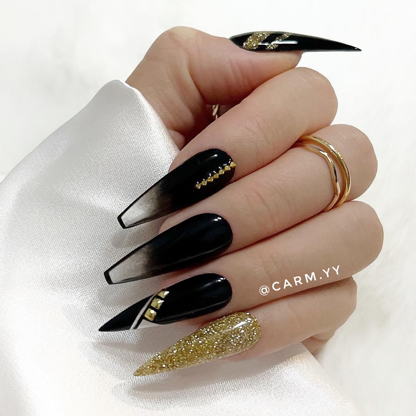 Black and Gold Stiletto and Coffin Nail Combo