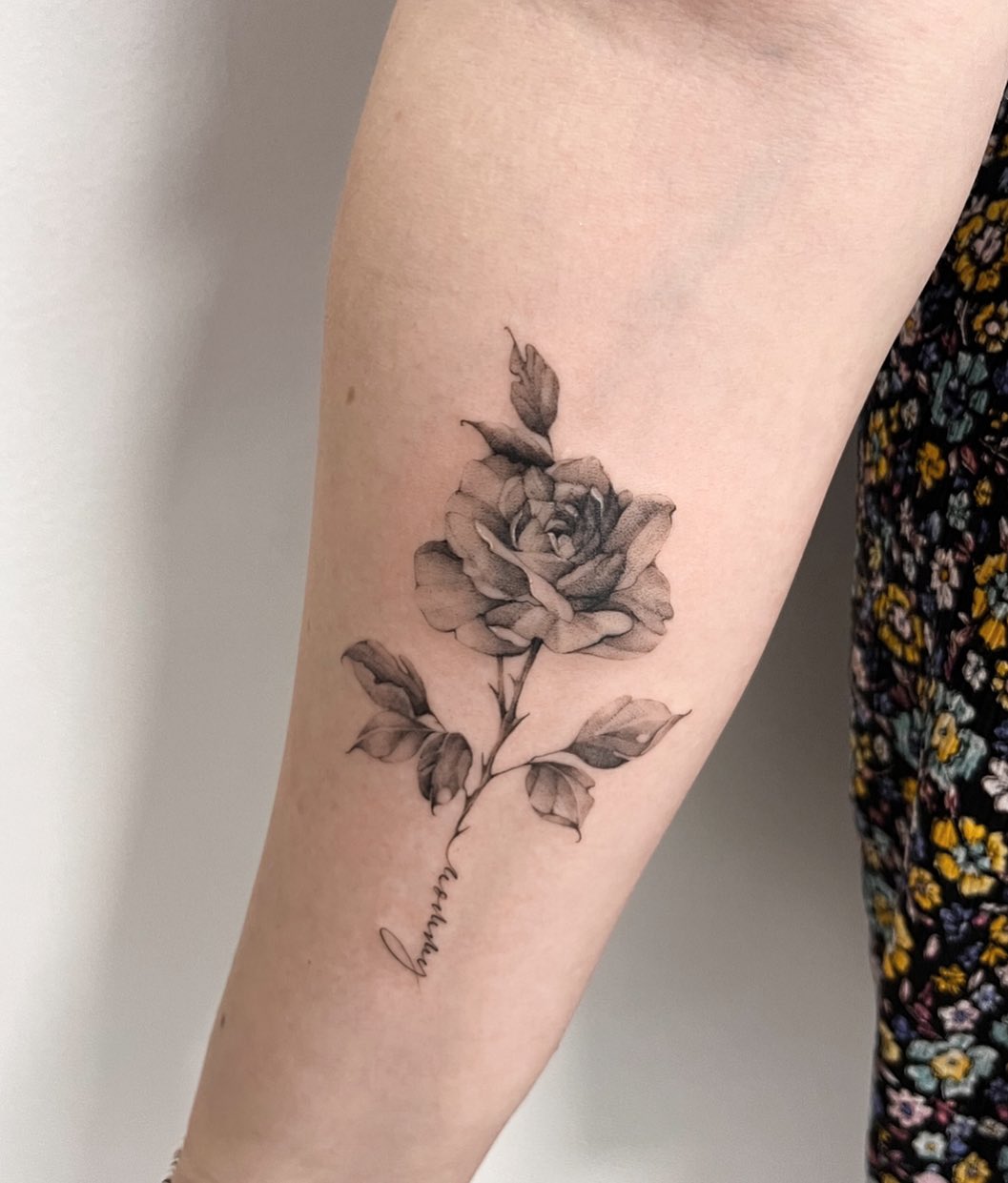 Black Rose Tattoo with Name on Stem