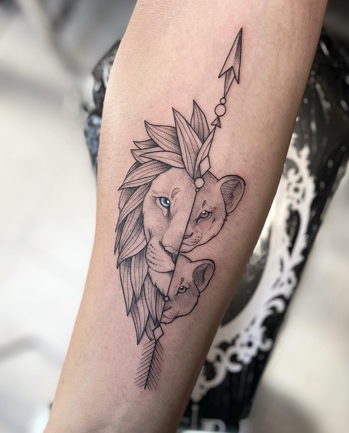Half Lion Half Cub Tattoo on Arm