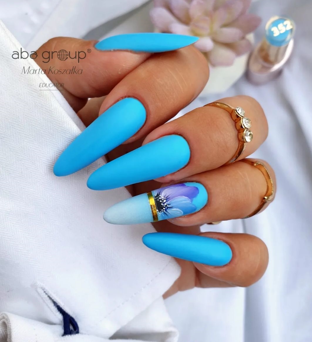 Long Almond Blue Matte Nails with Floral Design