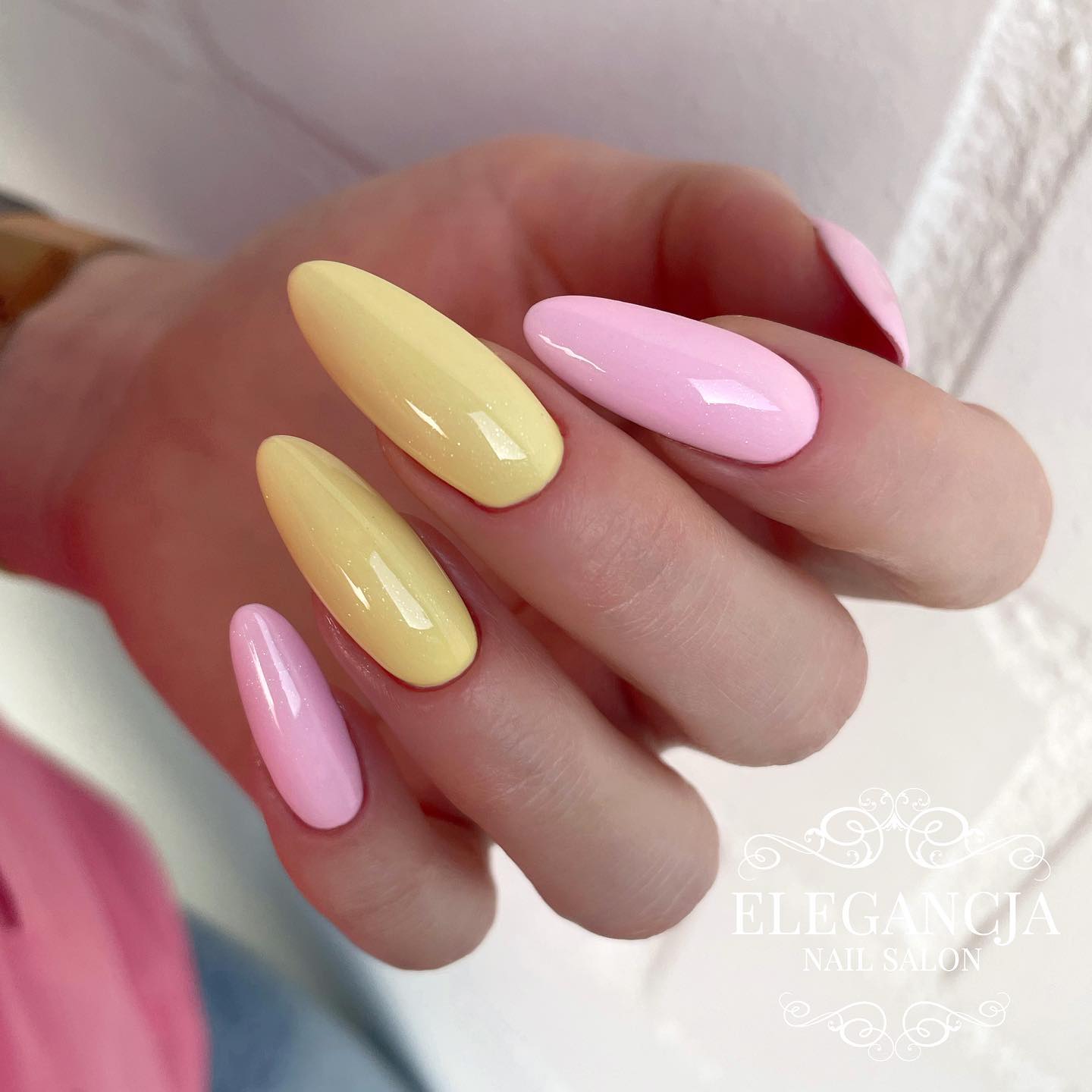 Long Pink and Yellow Glossy Nails