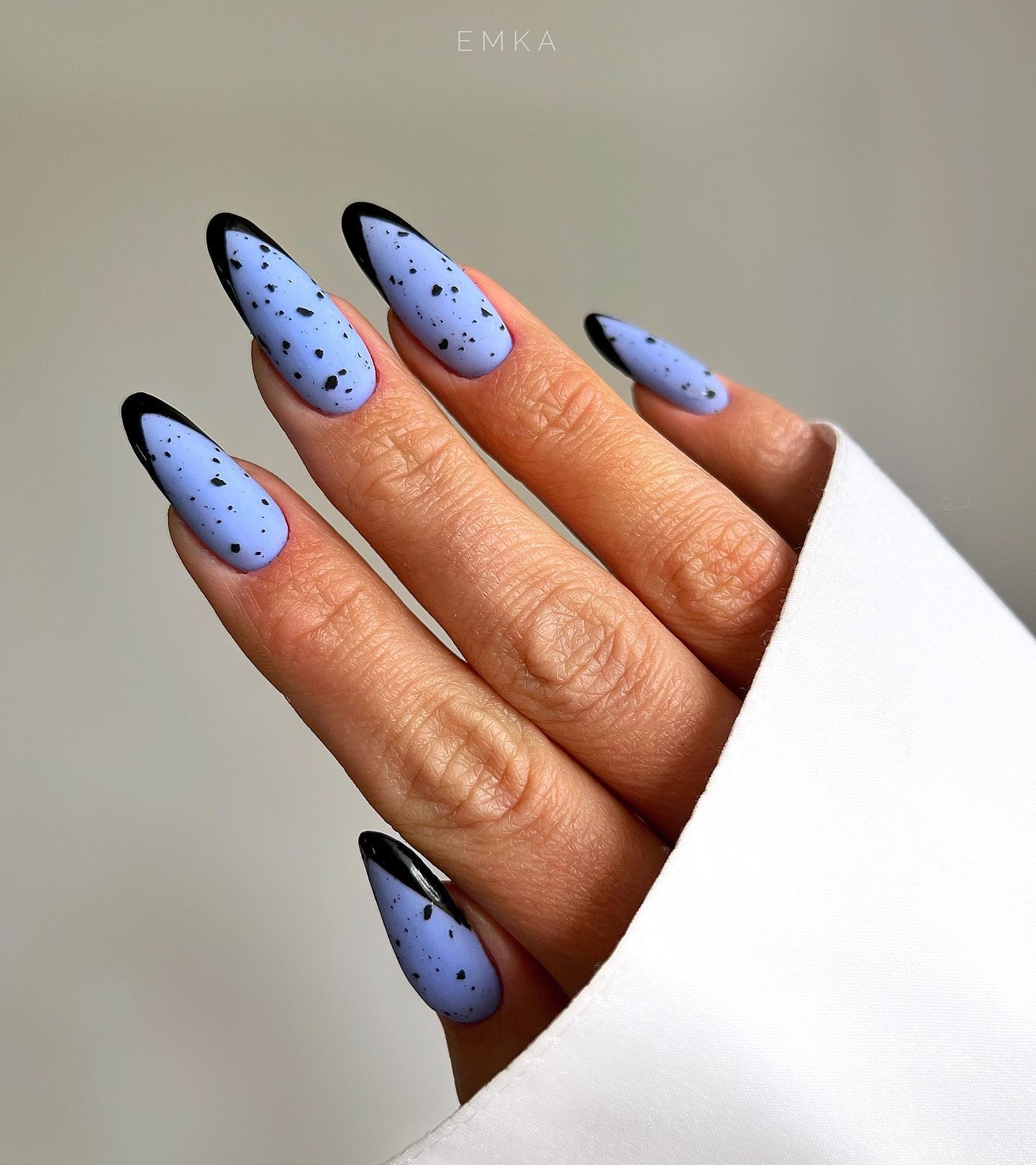 Long Round Blue Matte Nails with Black French Tips