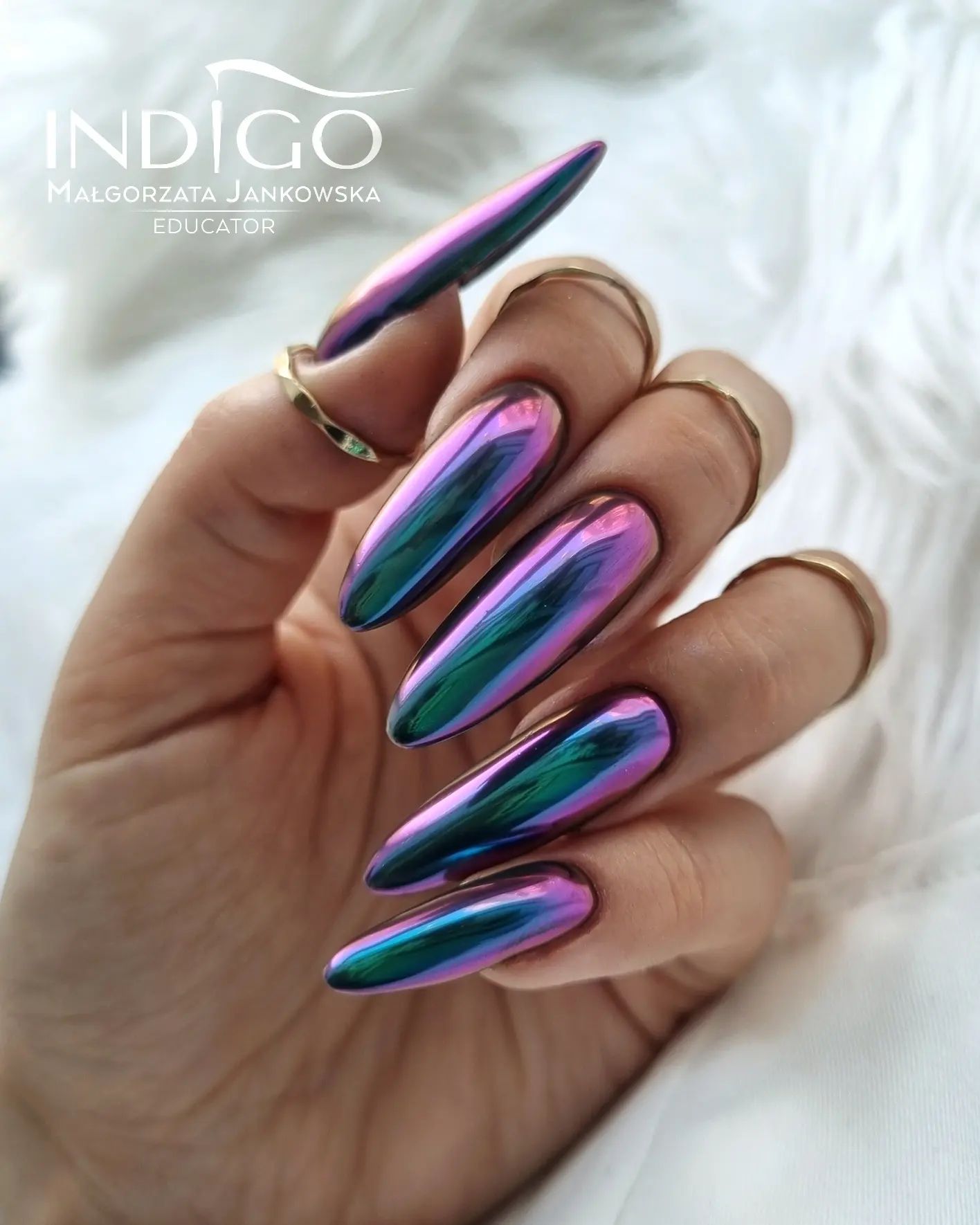 Long Round Rainbow Chrome Nails