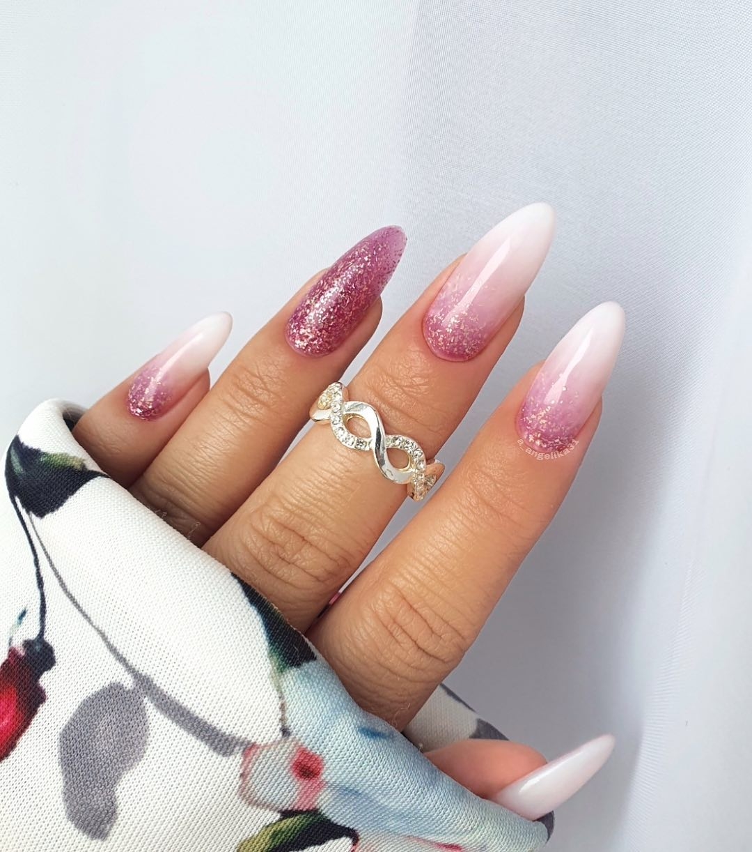 Long Round White Nails with Pink Glitter Ombre