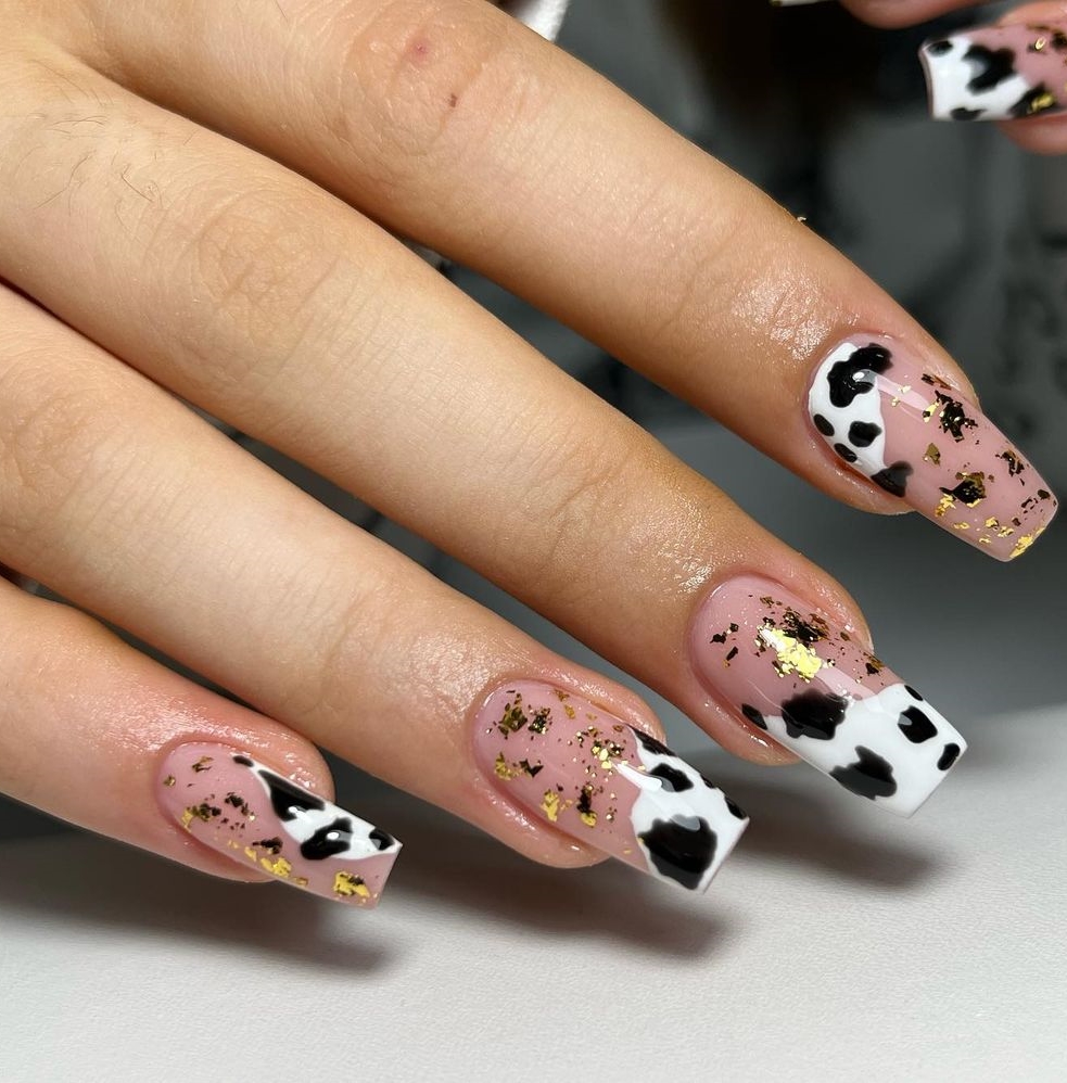 Long Square Nails with Black and White Cow Print and Foil Design