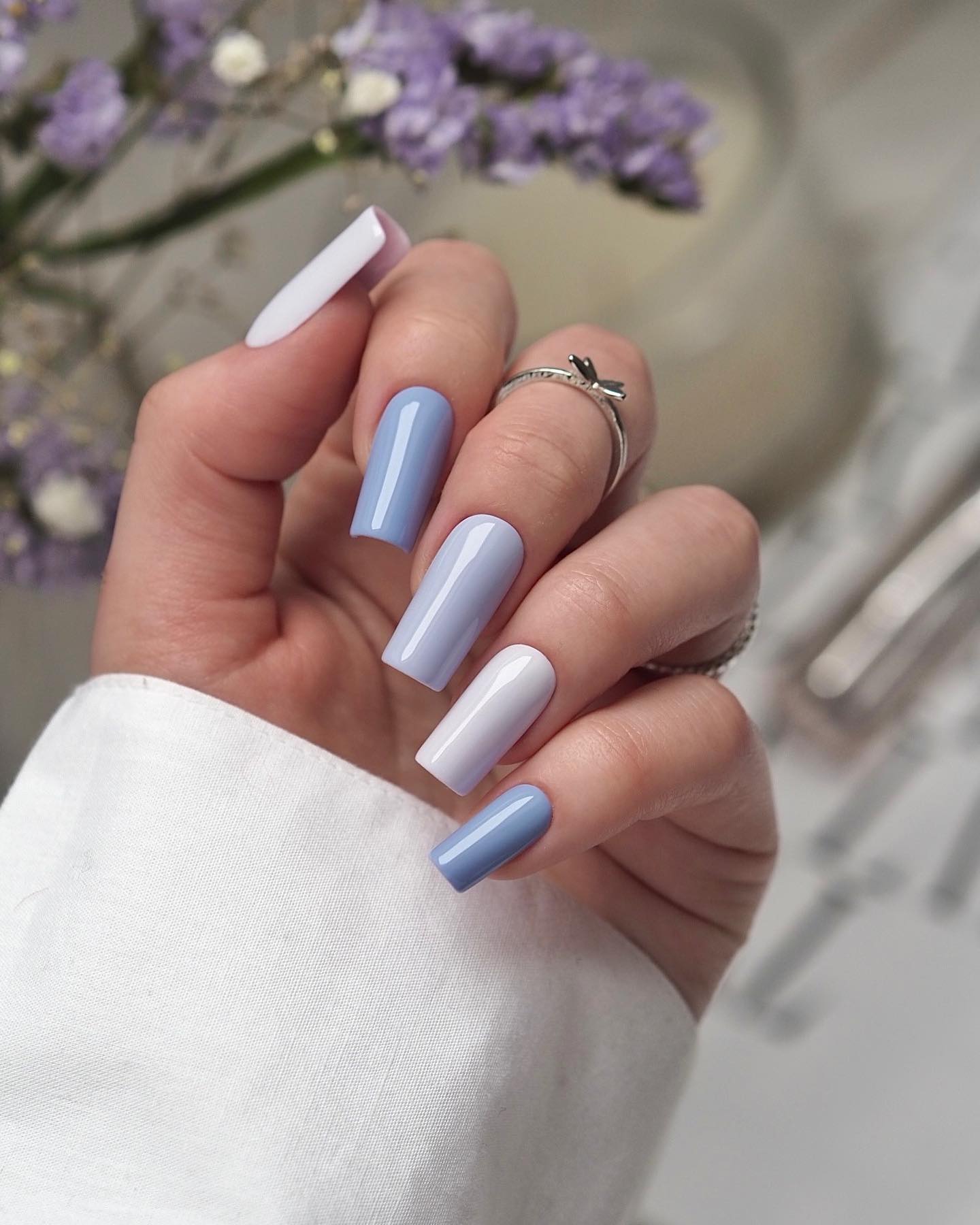 Long Square Pastel Blue Nails