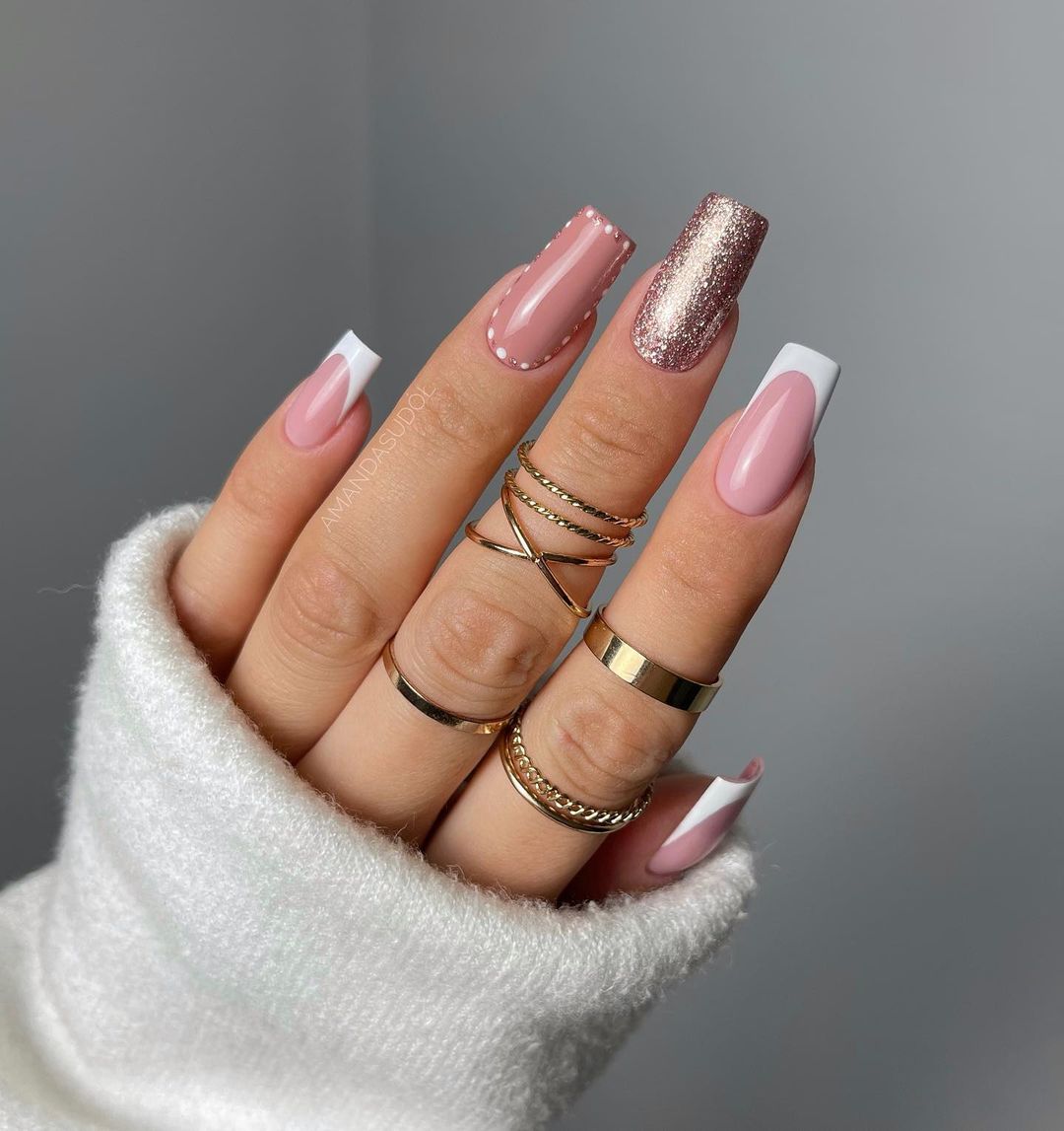 Long Square Pink Nails with Rose Gold Glitter On Accent Nail