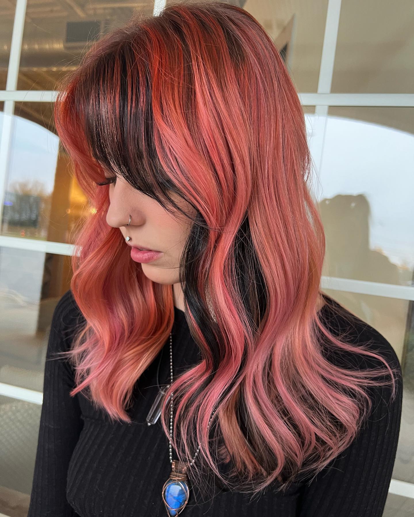 Red Rose and Black Highlights on Naturally Dark Hair
