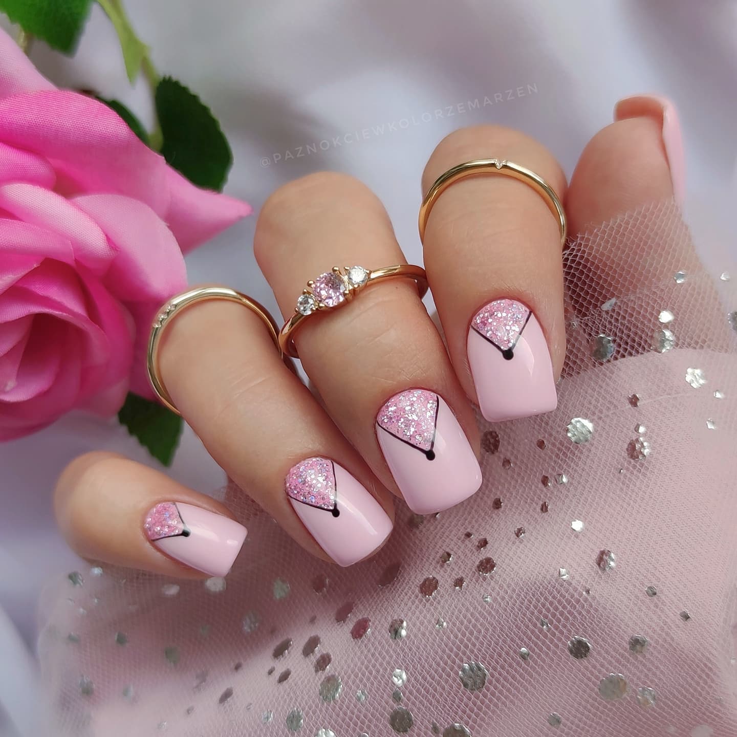 Short Square Pink Nails with Pink Glitter