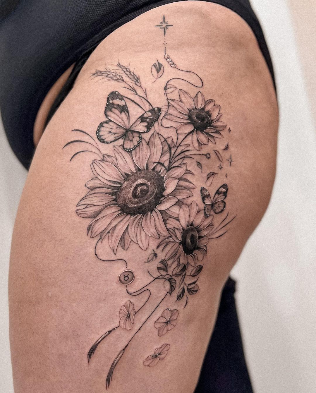 Black and White Sunflower and Butterfly Tattoo on Hip