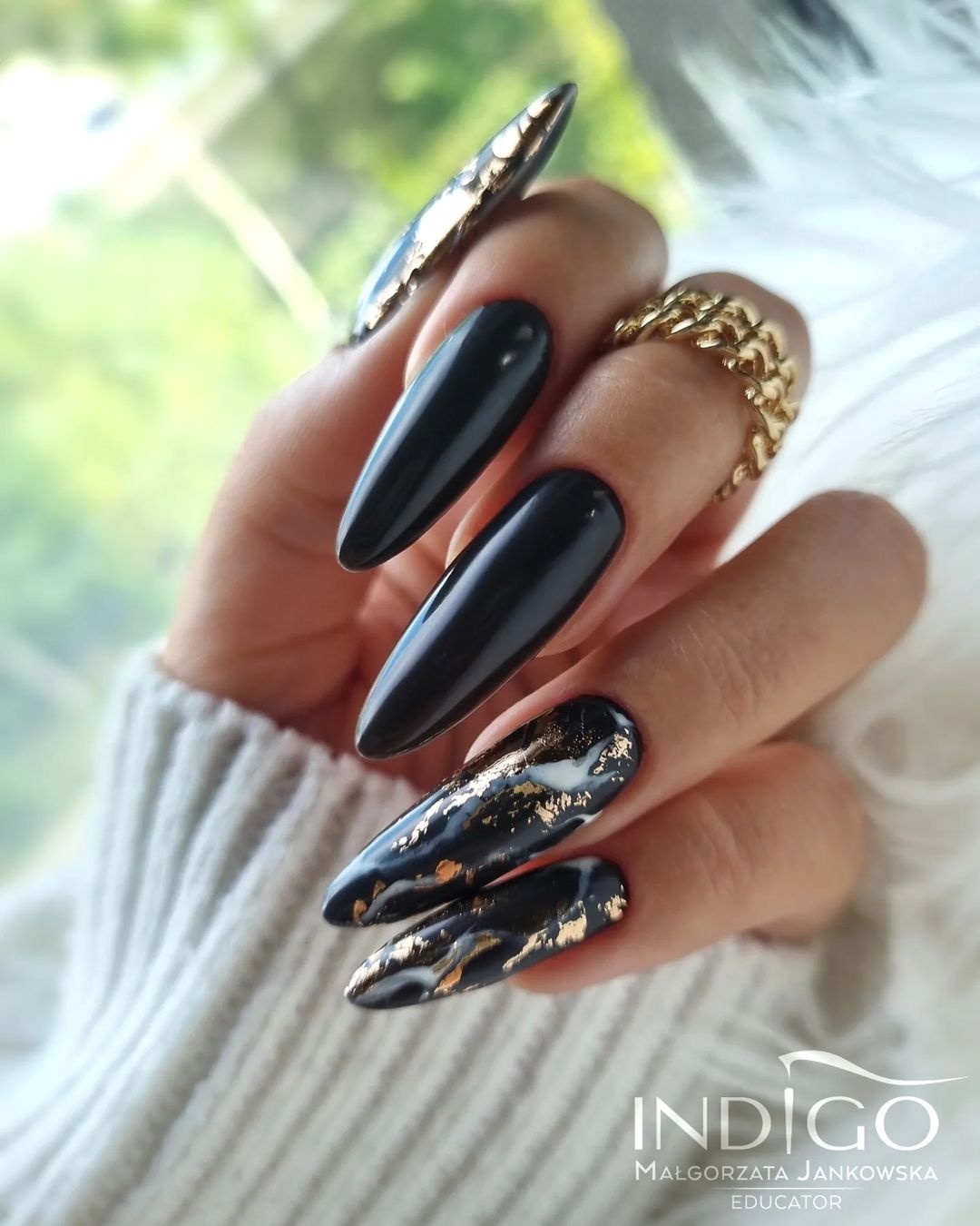 Black Nails with Gold Marble Design